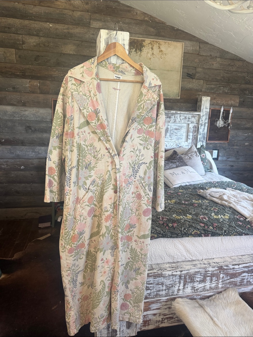 Wrangler Floral Long Cotton Robe - Cream & Green
